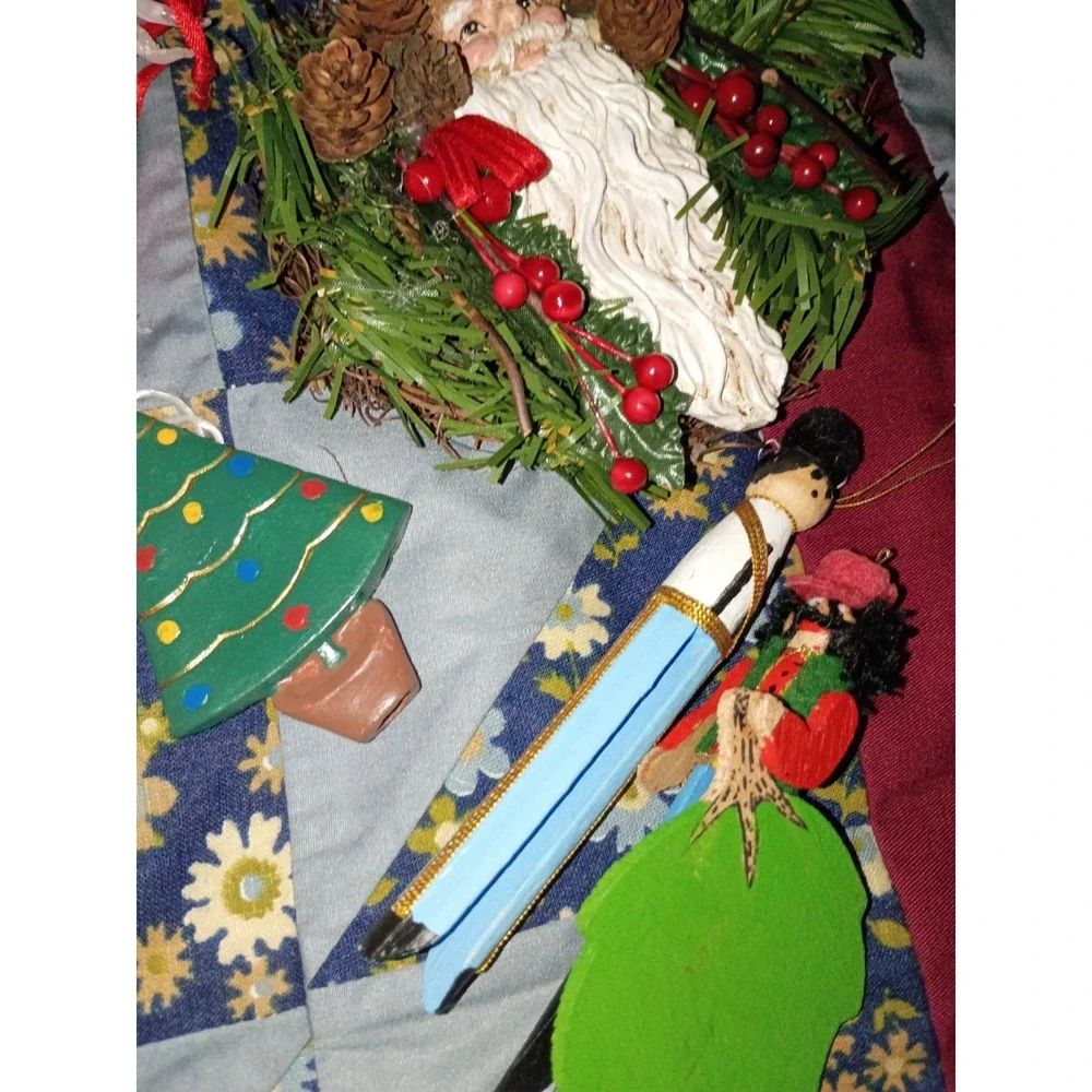 Lot Of 37 Vintage Christmas Ornaments Santa, Needlepoint, Wooden, Ceramic Mixed